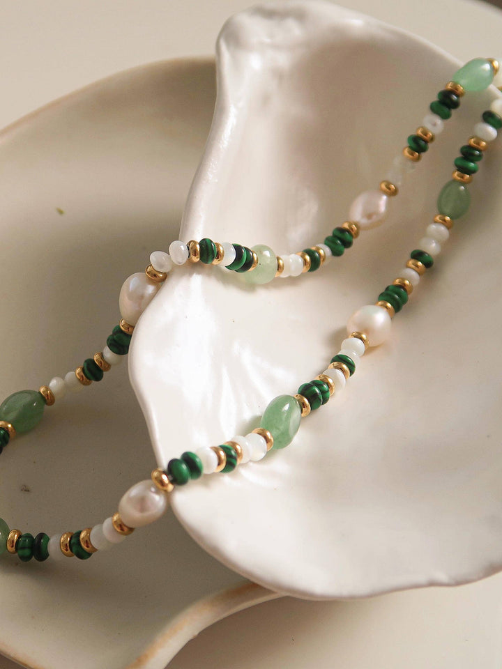 18K Non Tarnish Bohemian Rose Pearl and Bead Necklace - - - - Azil Boutique