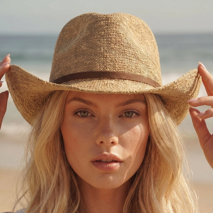 Woven Cowboy Hat with Fabric Band - Hats - - - Azil Boutique