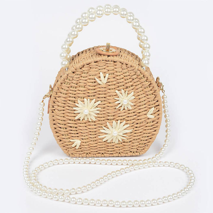 Straw Flower Pearl Handle Bag - Handbags - Khaki - Khaki - Azil Boutique