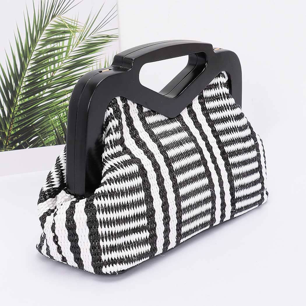 Striped Straw Wood Frame Clutch - Handbags - - - Azil Boutique