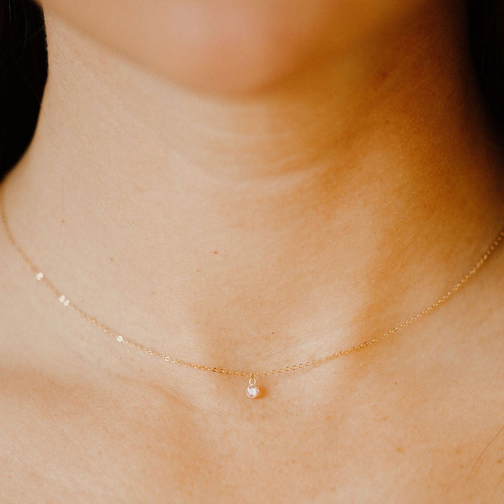 14k Solid Gold Tiny Round Bezel Gem Necklace - Necklaces -  -  - Azil Boutique