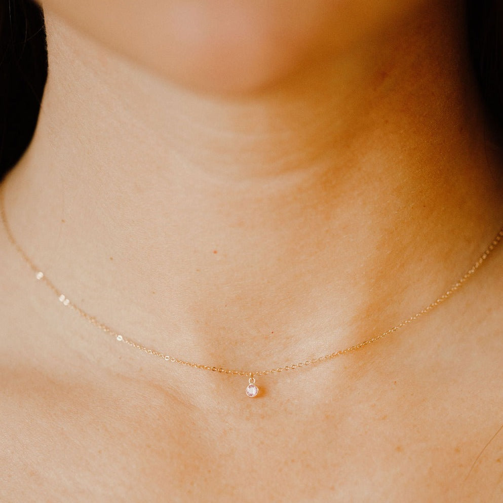 14k Solid Gold Tiny Round Bezel Gem Necklace - Necklaces -  -  - Azil Boutique
