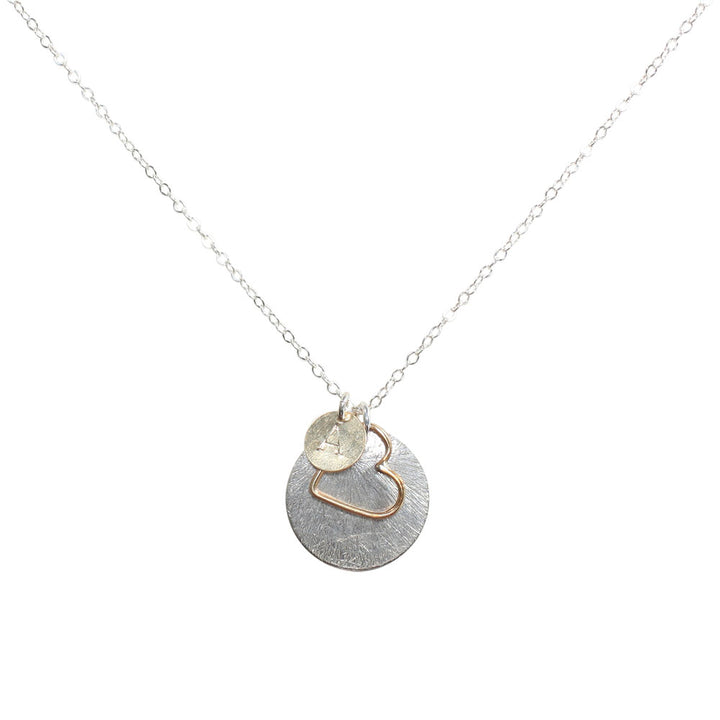 Monogram Necklace + Heart Outline + Brushed Disc - Necklaces - Silver - Silver - Azil Boutique