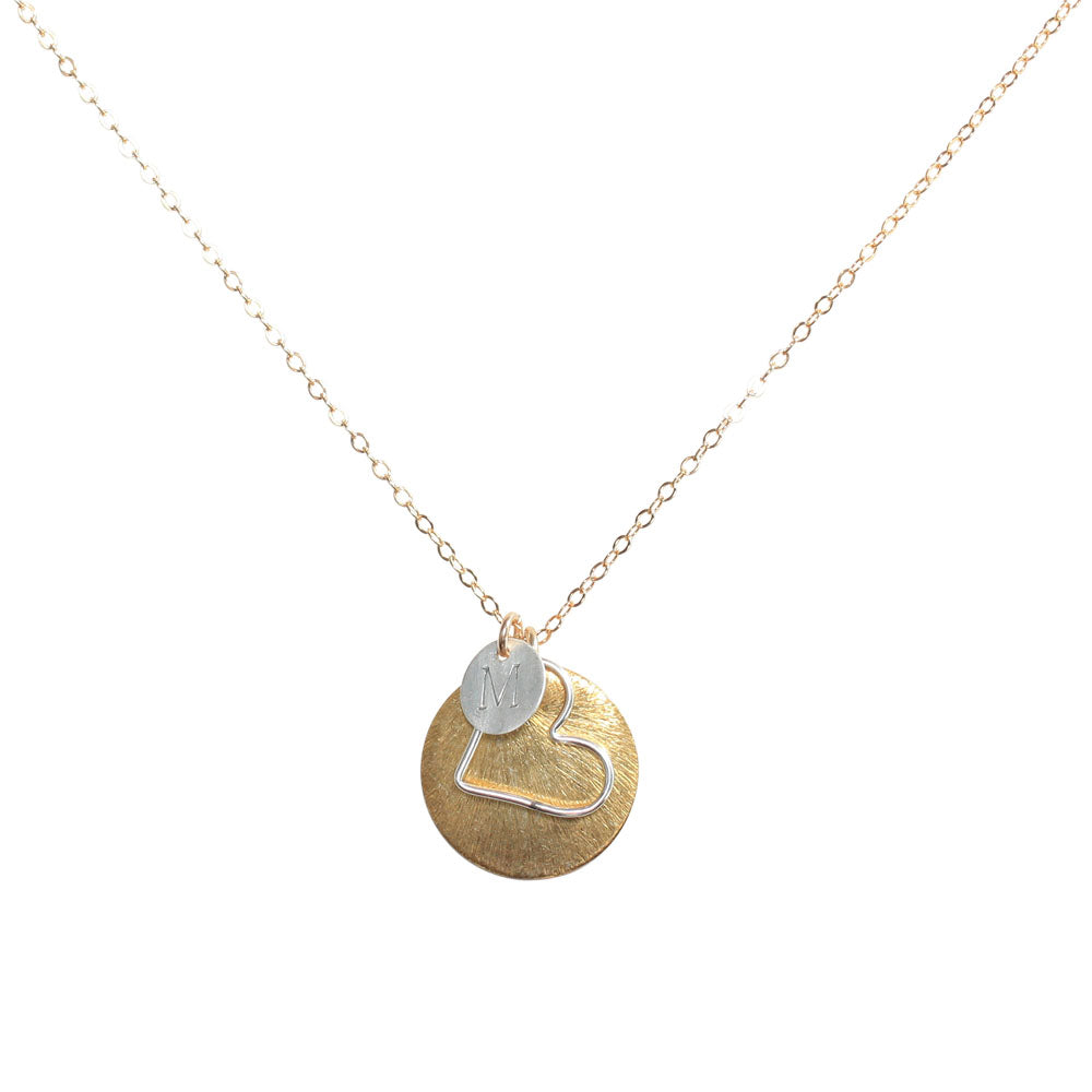 Monogram Necklace + Heart Outline + Brushed Disc - Necklaces - Gold - Gold - Azil Boutique