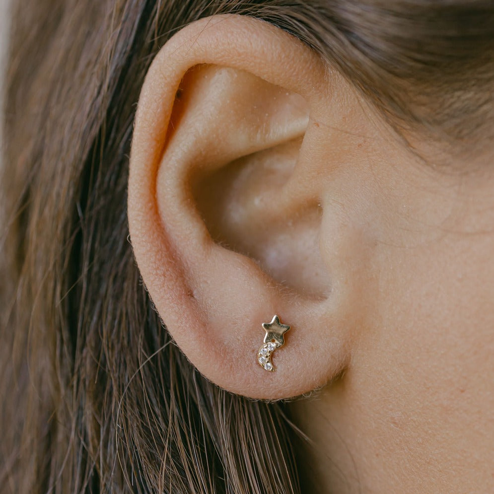 14k Solid Gold Star & CZ Half-Moon Studs - Earrings -  -  - Azil Boutique