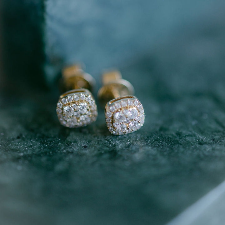 18k Solid Gold Cushion Halo Diamond Studs - Earrings -  -  - Azil Boutique