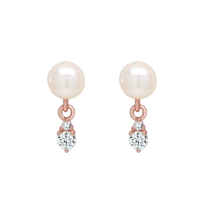 10k Solid Gold Pearl w/ Hanging CZ Studs - Earrings - Rose Gold - Rose Gold - Azil Boutique