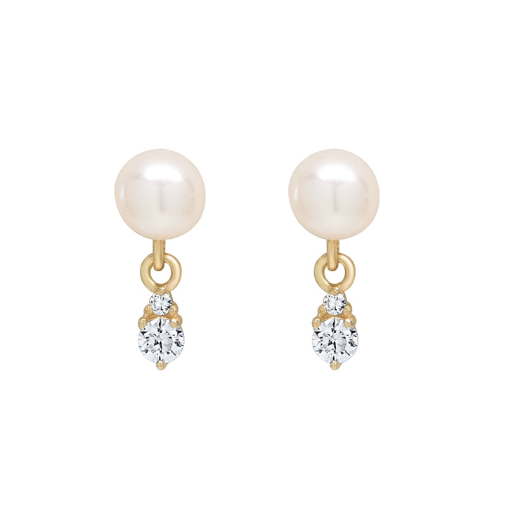 10k Solid Gold Pearl w/ Hanging CZ Studs - Earrings - Yellow Gold - Yellow Gold - Azil Boutique