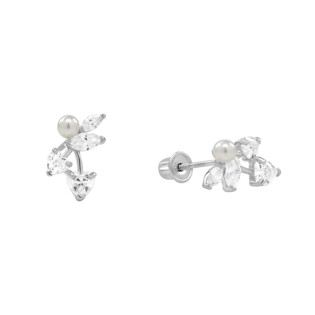 10k Solid Gold Pearl/ CZ Vine Studs - Earrings - White Gold - White Gold - Azil Boutique