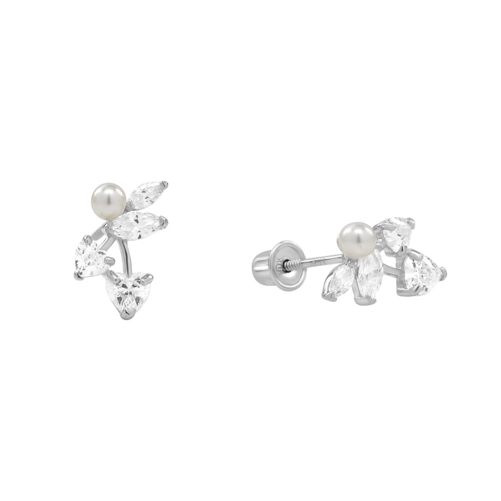 10k Solid Gold Pearl/ CZ Vine Studs - Earrings - White Gold - White Gold - Azil Boutique