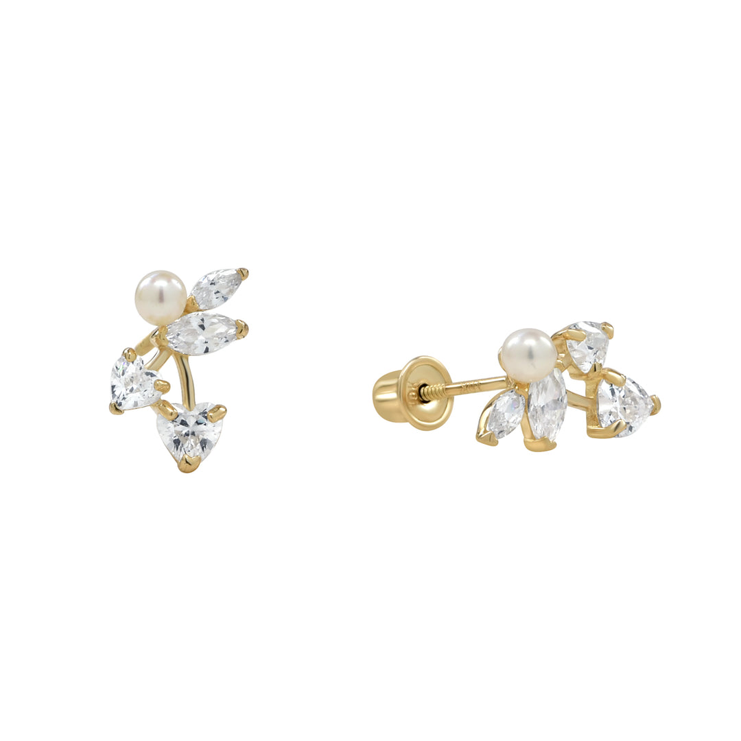 10k Solid Gold Pearl/ CZ Vine Studs - Earrings - Yellow Gold - Yellow Gold - Azil Boutique