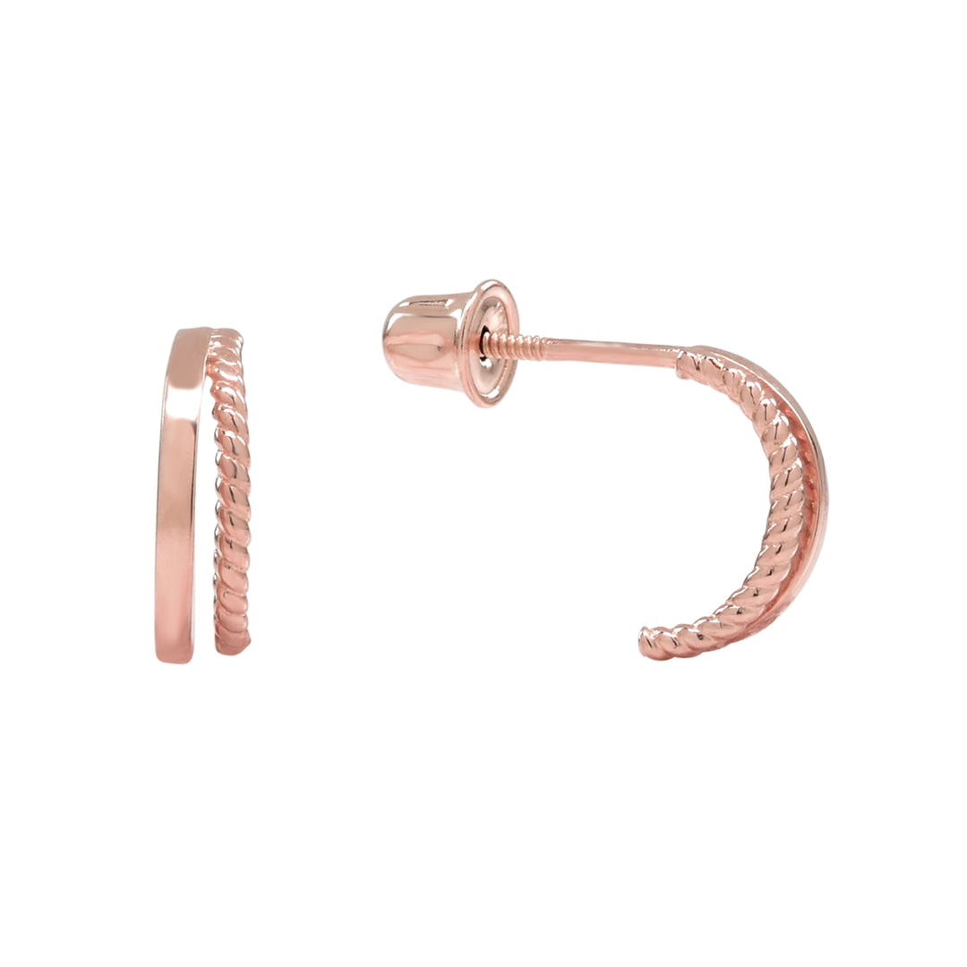 10k Solid Gold Double Line Textured Huggie Studs - Earrings - Rose Gold - Rose Gold - Azil Boutique