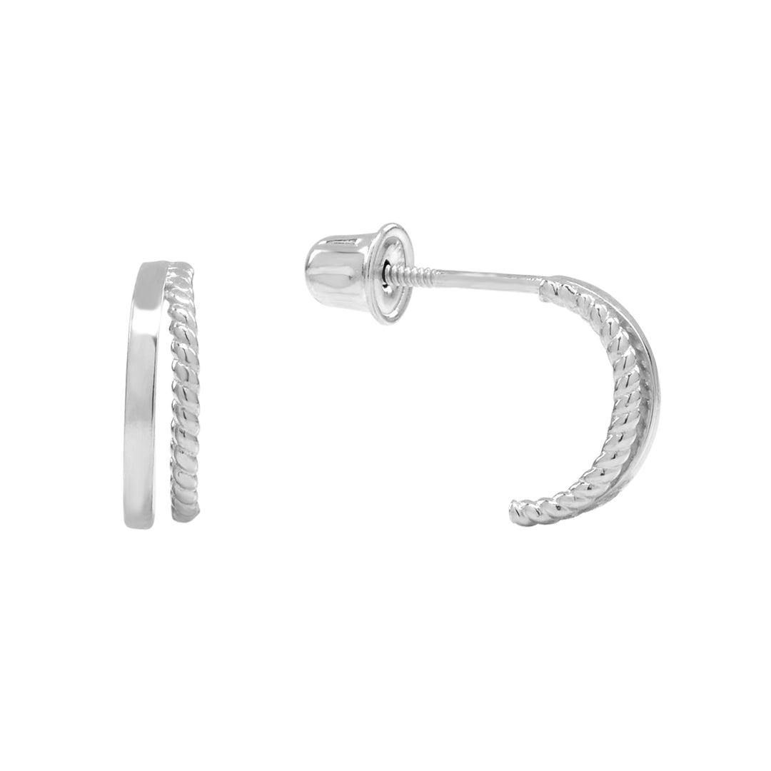 10k Solid Gold Double Line Textured Huggie Studs - Earrings - White Gold - White Gold - Azil Boutique