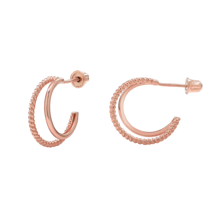 10k Solid Gold Twisted & Smooth Double Huggie Studs - Earrings - Rose Gold - Rose Gold - Azil Boutique