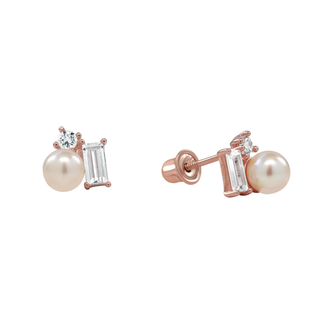 10k Solid Gold Pearl w/ CZ Cluster Studs - Earrings - Rose Gold - Rose Gold - Azil Boutique