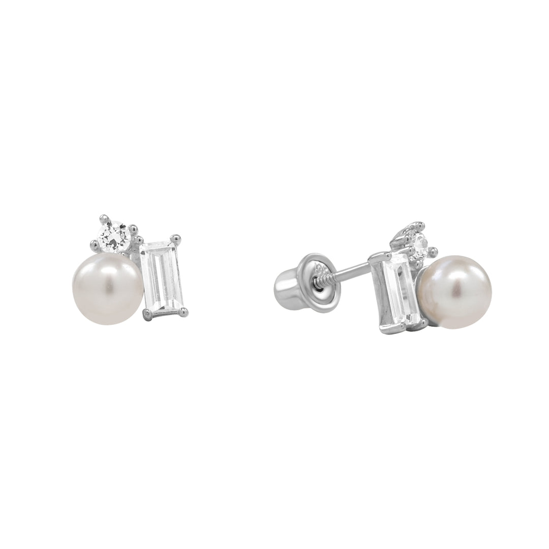 10k Solid Gold Pearl w/ CZ Cluster Studs - Earrings - White Gold - White Gold - Azil Boutique
