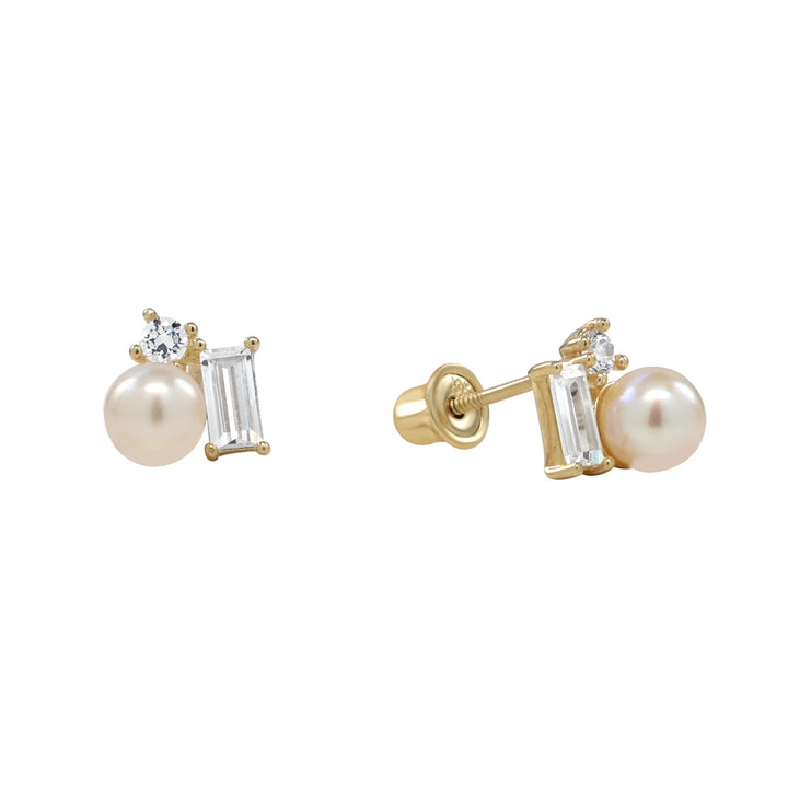 10k Solid Gold Pearl w/ CZ Cluster Studs - Earrings - Yellow Gold - Yellow Gold - Azil Boutique