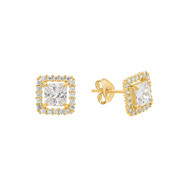 14k Solid Gold CZ Cushion Halo Studs - Earrings -  -  - Azil Boutique
