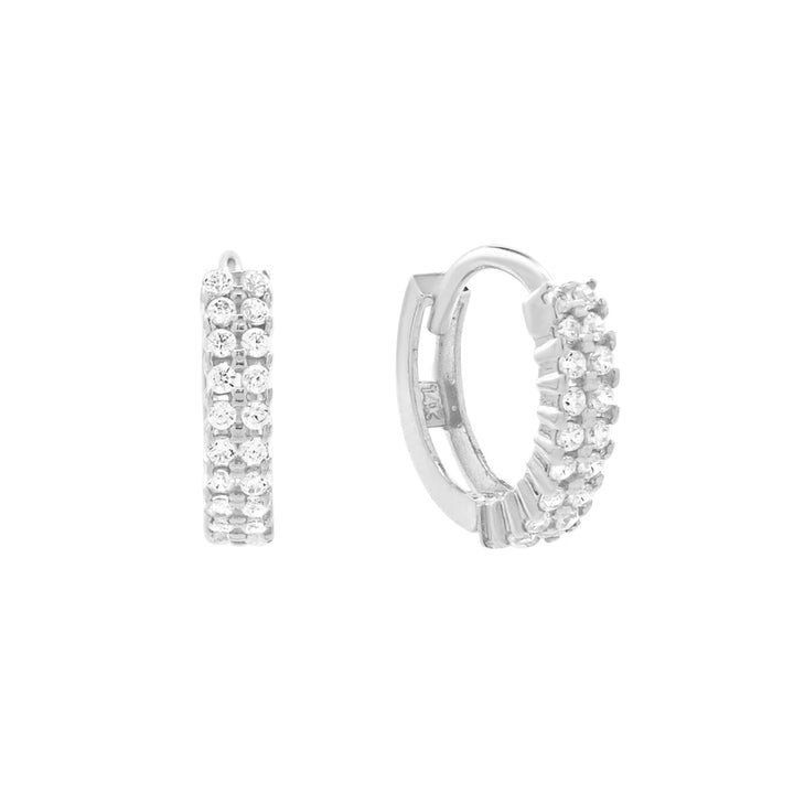 14k Solid Gold CZ Double Row Huggies - Earrings - White Gold - White Gold - Azil Boutique