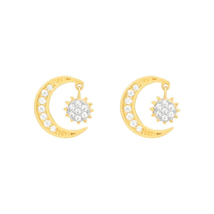 14k Solid Gold CZ Half Moon & Sun Dangle Studs - Earrings -  -  - Azil Boutique