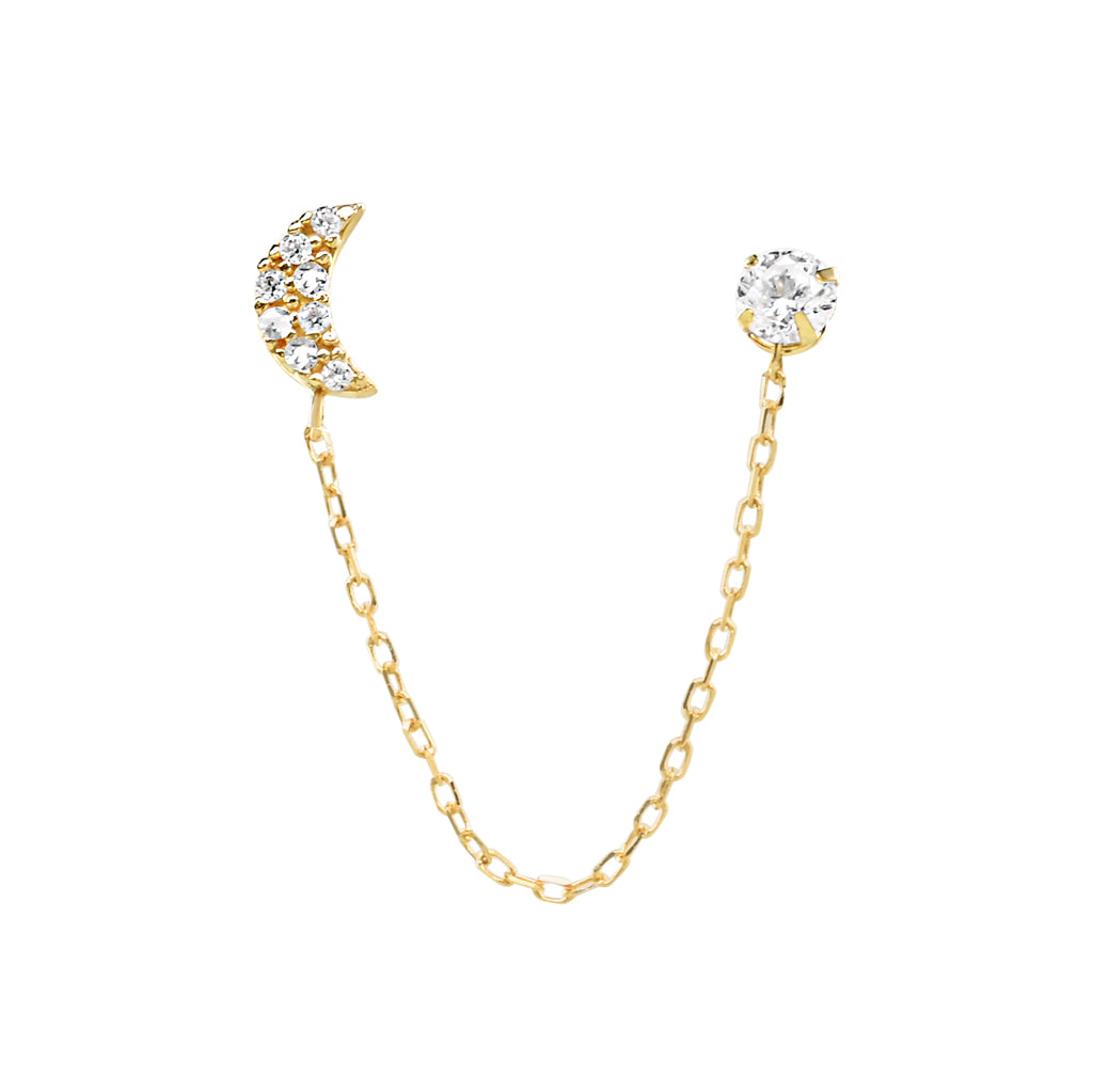 14k Solid Gold CZ & CZ Half Moon Chain Studs - Earrings -  -  - Azil Boutique