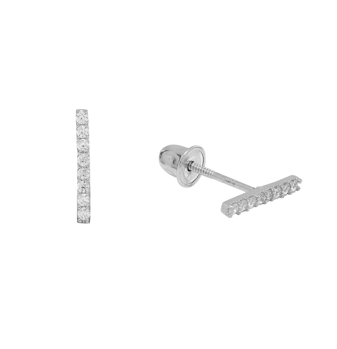 10k Solid Gold Thin CZ Bar Studs - Earrings - White Gold - White Gold - Azil Boutique