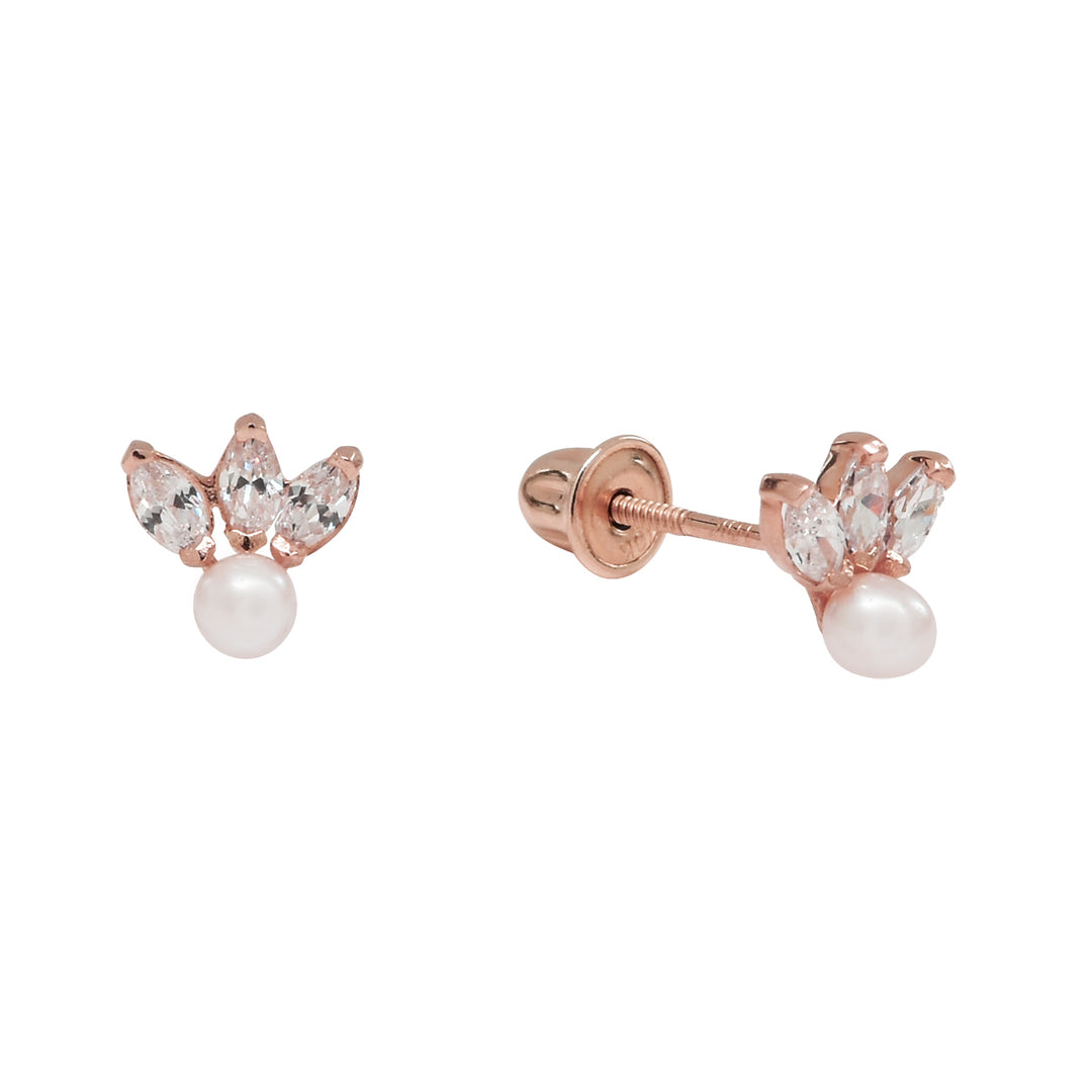 10k Solid Gold Triple CZ Marquise & Pearl Studs - Earrings - Rose Gold - Rose Gold - Azil Boutique
