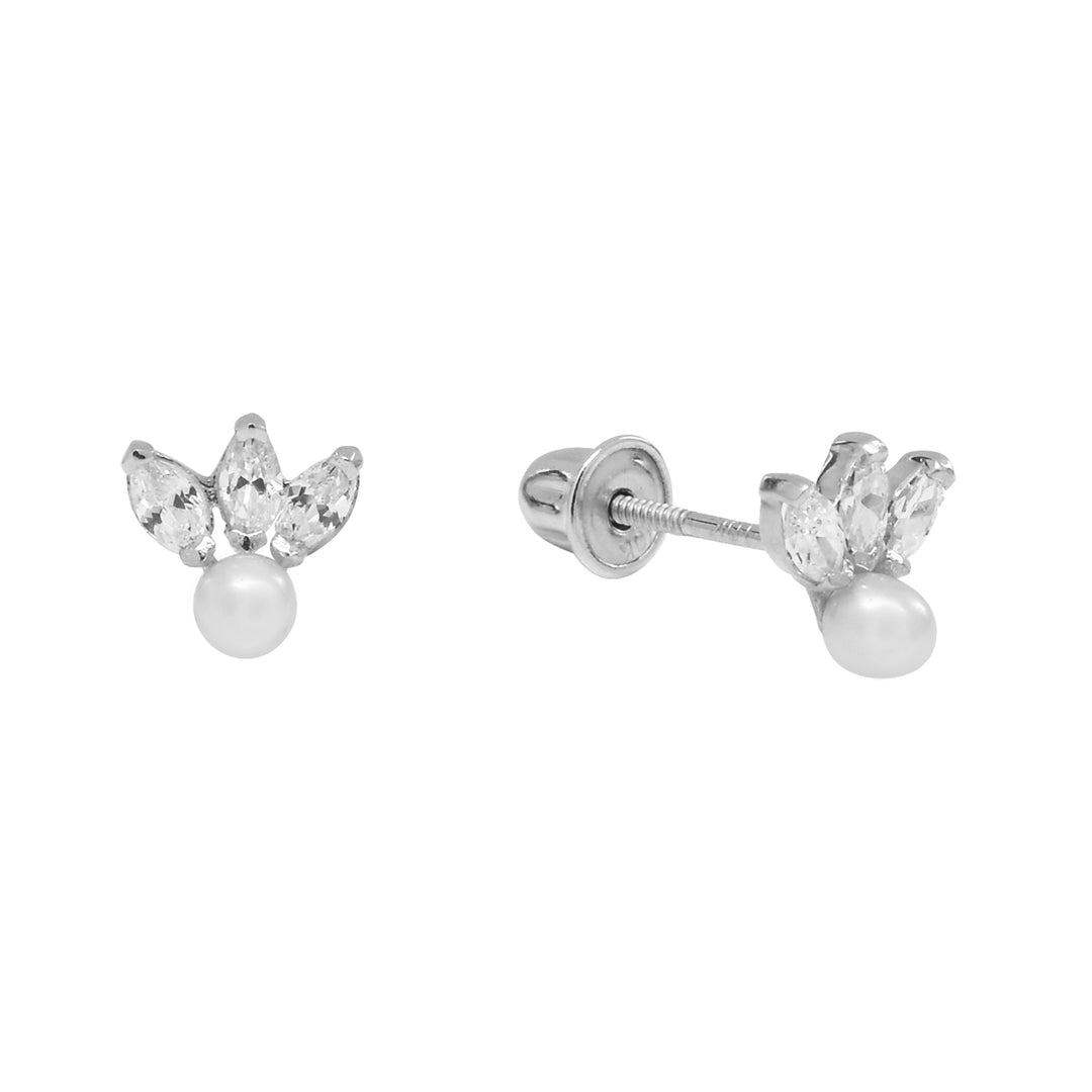 10k Solid Gold Triple CZ Marquise & Pearl Studs - Earrings - White Gold - White Gold - Azil Boutique