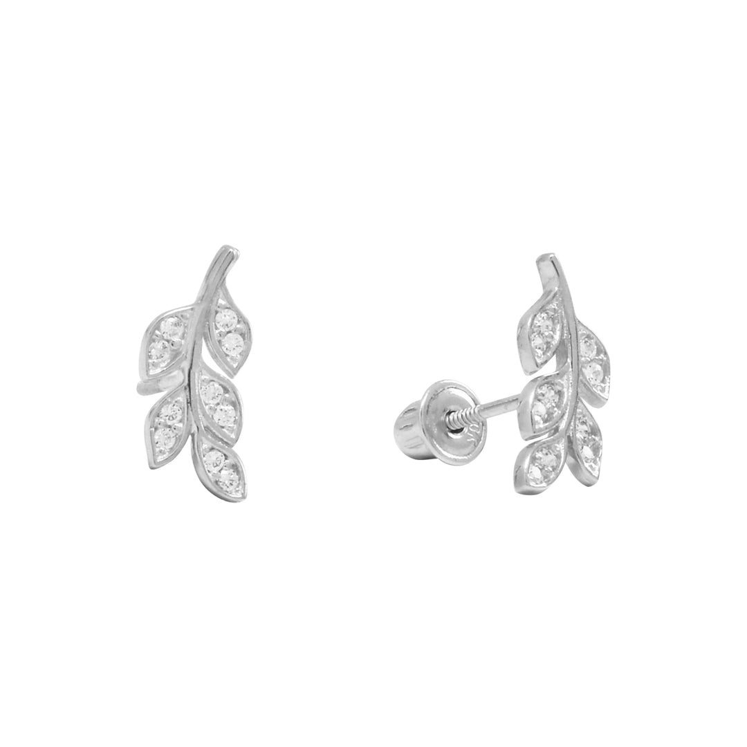 10k Solid Gold CZ Leaves Studs - Earrings - White Gold - White Gold - Azil Boutique