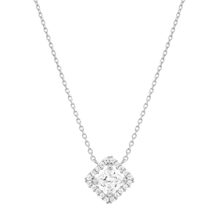 14k Solid Gold CZ Princess Cut Halo Necklace - Necklaces - White Gold - White Gold - Azil Boutique