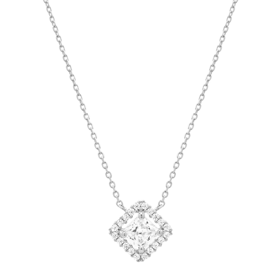 14k Solid Gold CZ Princess Cut Halo Necklace - Necklaces - White Gold - White Gold - Azil Boutique