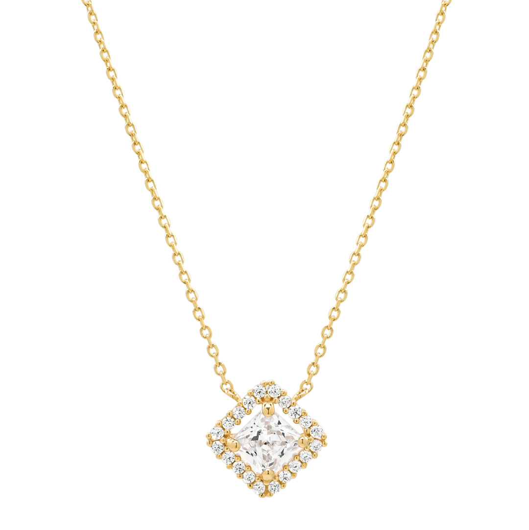 14k Solid Gold CZ Princess Cut Halo Necklace - Necklaces - Yellow Gold - Yellow Gold - Azil Boutique
