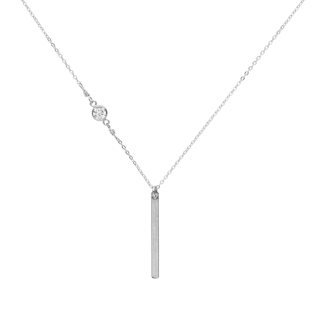 Thin Bar with Off-Center CZ Necklace - Necklaces - Silver - Silver - Azil Boutique