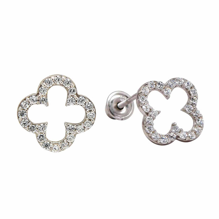 10k Solid Gold CZ Clover Studs - Earrings - White Gold - White Gold - Azil Boutique