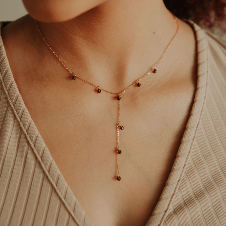 Tiny Smoky Quartz Stone Y-Drop Necklace - Necklaces -  -  - Azil Boutique