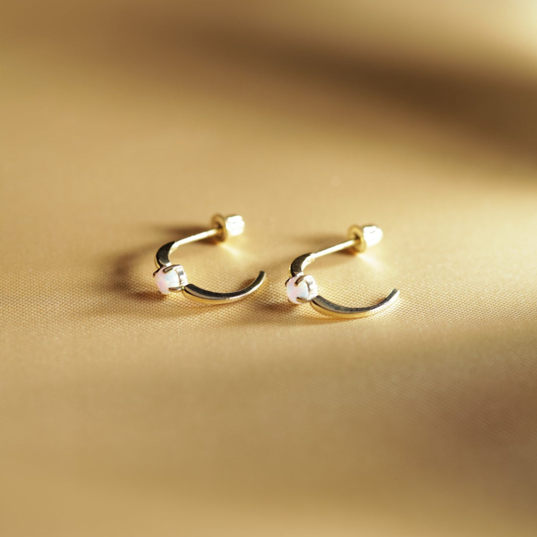 10k Solid Gold Opal Prong Huggie Studs - Earrings -  -  - Azil Boutique