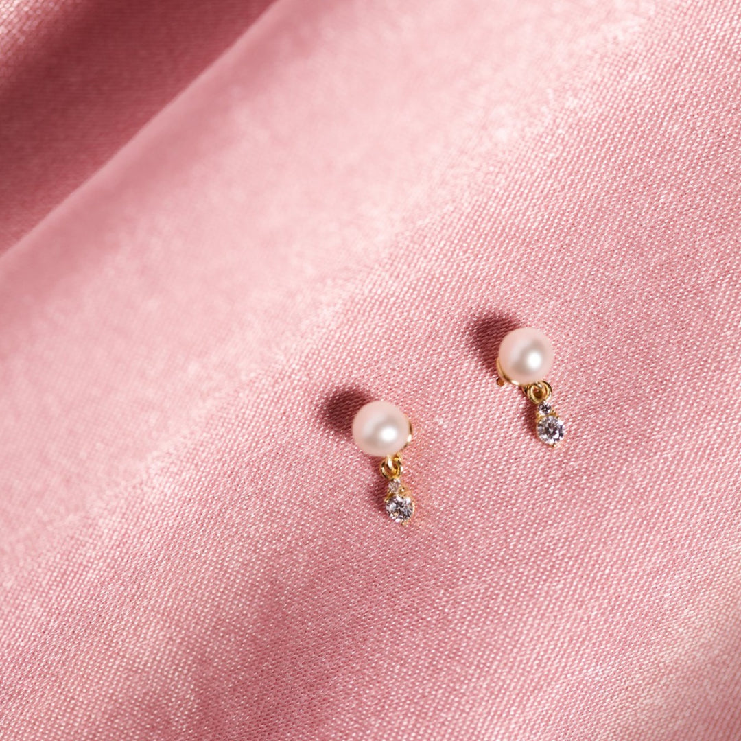 10k Solid Gold Pearl w/ Hanging CZ Studs - Earrings -  -  - Azil Boutique