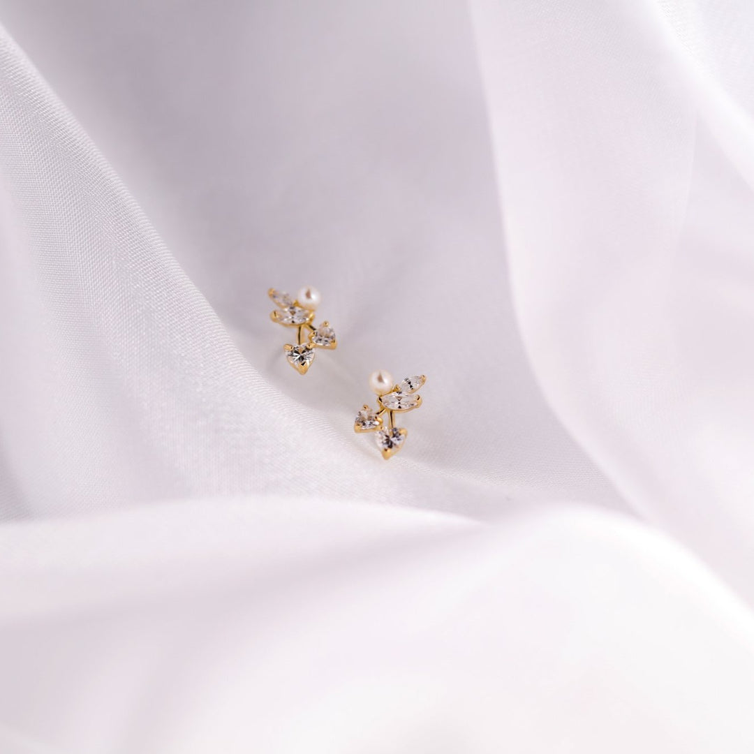 10k Solid Gold Pearl/ CZ Vine Studs - Earrings -  -  - Azil Boutique